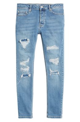 TOPMAN Rip and Repair Skinny Jeans in Mid Blue