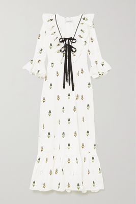 Lug Von Siga - Layla Bow-detailed Ruffled Embroidered Cotton-poplin Maxi Dress - White