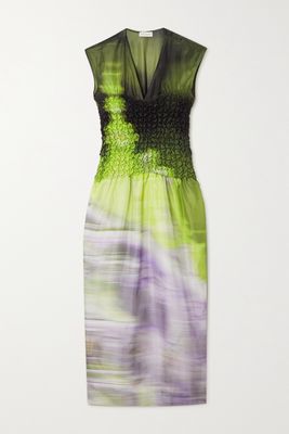 Dries Van Noten - Shirred Printed Silk-satin Midi Dress - Green