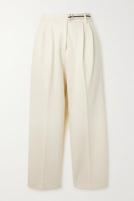 Palm Angels - Cropped Belted Webbing-trimmed Pleated Cotton-blend Straight-leg Pants - Off-white