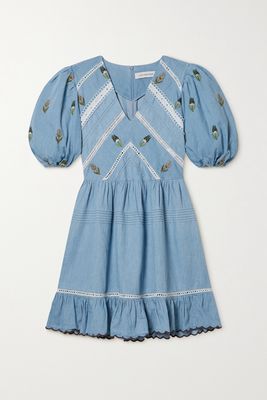 Lug Von Siga - Emma Ruffled Embroidered Cotton-chambray Mini Dress - Blue