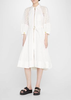 Broderie Anglaise Belted 3/4 Sleeve Midi Dress