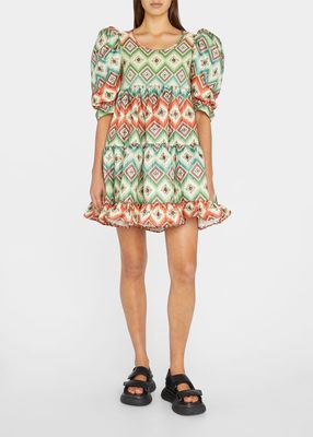 Oona Abstract Printed Puffed-Sleeve Tiered Mini Dress
