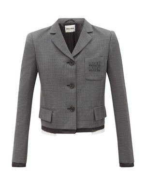 Miu Miu - Prince Of Wales-check Cropped Wool Jacket - Womens - Grey