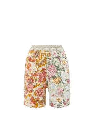 By Walid - Blaze Patchwork Floral-chintz 1920s Cotton Shorts - Womens - Beige Multi
