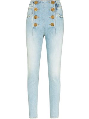 Balmain logo-buttons high-waisted skinny jeans - Blue