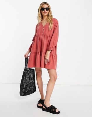 Madewell tiered button down dress in coral-Pink