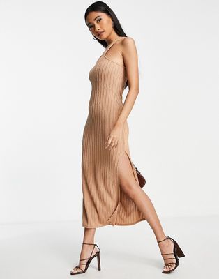 ASOS DESIGN cable knit cut out one sleeve midi dress in camel-Neutral