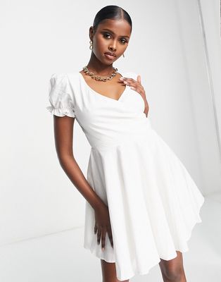 Parallel Lines wrap front poplin mini skater dress with open back in white