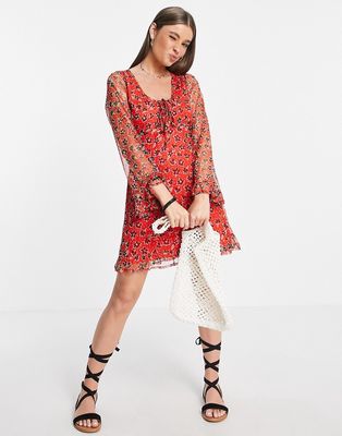 Wednesday's Girl long sleeve mini tea dress in red ditsy floral mesh