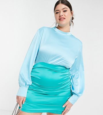 In The Style Plus exclusive x Billie Faiers satin contrast high neck ruched skirt mini dress in blue multi