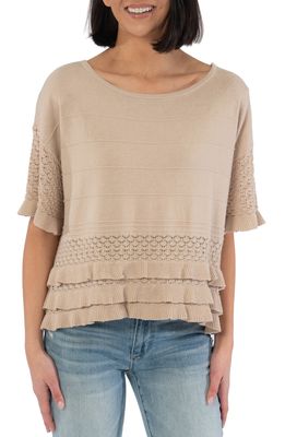 KUT from the Kloth Emily Ruffle Pointelle Sweater in Camel