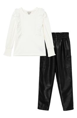 Habitual Girl Kids' Ruffle Trim Top & Faux Leather Pants Set in Off-White
