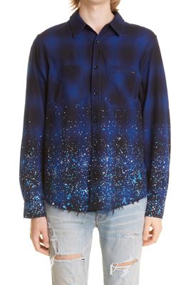 AMIRI Spatter Check Cystal Embellished Long Sleeve Button-Up Flannel Shirt in Blue