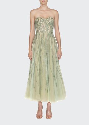 Bead-Embellished Strapless Tea Length Dress