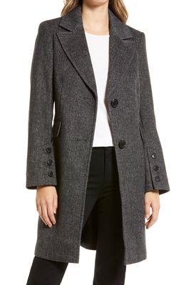 Sam Edelman Mini Herringbone Notch Collar Wool Blend Coat in Black