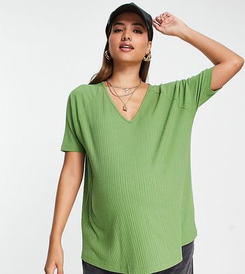 ASOS DESIGN Maternity oversized v-neck t-shirt in rib in khaki-Green