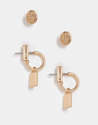 AllSaints 2 pack stud earrings with fan detail in gold