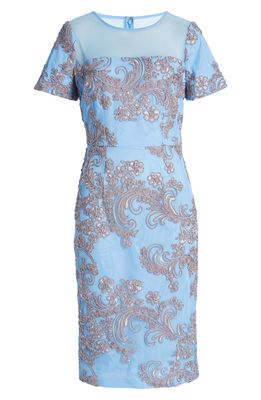JS Collections Cheyenne Illusion Mesh Cocktail Dress in Sky Blue