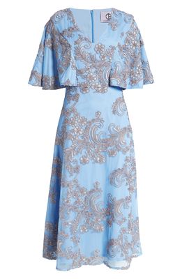JS Collections Saige Floral Brocade Cocktail Midi Dress in Sky Blue