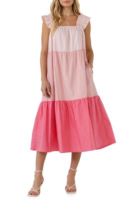 English Factory Colorblock Tiered Cotton Midi Dress in Pink Multi