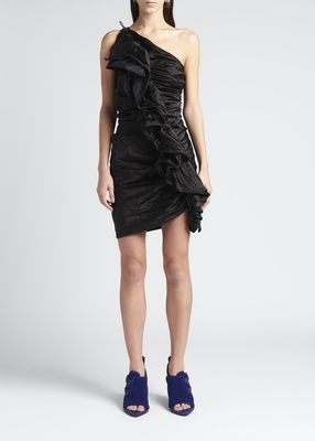 Drawcord One-Shoulder Cascading Ruffle Mini Dress