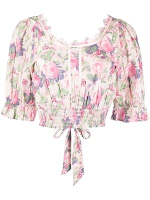 LoveShackFancy floral-print cropped cotton blouse - Pink