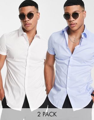 ASOS DESIGN 2 pack stretch slim fit work shirt in white / blue save-Multi