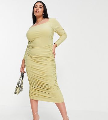 Club L London Plus ruched long sleeve open back midi dress in sage-Green