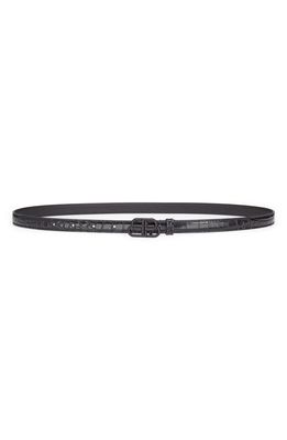 Balenciaga BB Logo Buckle Croc Embossed Leather Skinny Belt in Black