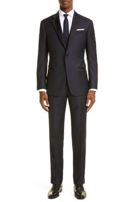Emporio Armani Notched Lapel Wool Tuxedo Suit in Solid Blue Navy