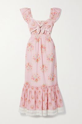 LoveShackFancy - Emeka Tie-front Crochet-trimmed Floral-print Gingham Cotton-seersucker Maxi Dress - Pink