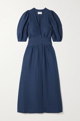 Three Graces London - Fiona Linen Wrap Midi Dress - Blue
