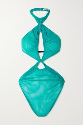 Supriya Lele - Backless Cutout Ruched Mesh Halterneck Bodysuit - Blue