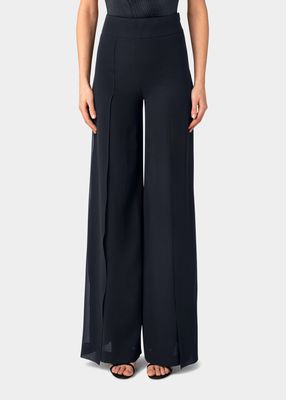 Layered Front-Slits Silk Georgette Wide-Leg Pants