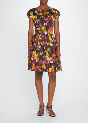 Floral-Print Boat-Neck Tiered Dress