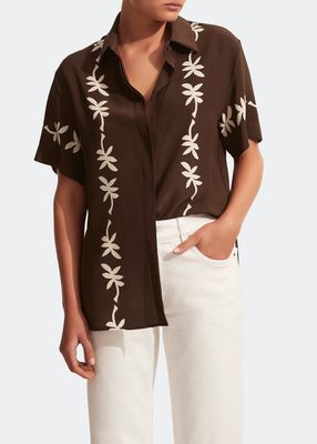 Printed Short-Sleeve Oversized Silk Shirt