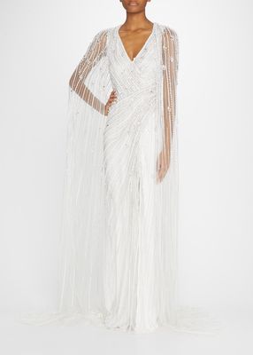 Embroidered Tulle Cape Gown