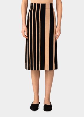 Screen-Stripe Straight Cashmere Midi Skirt