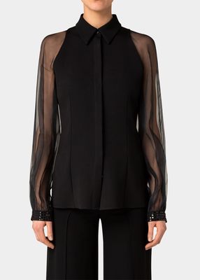 Sequin-Cuff Sheer-Sleeve Silk Crepe Blouse