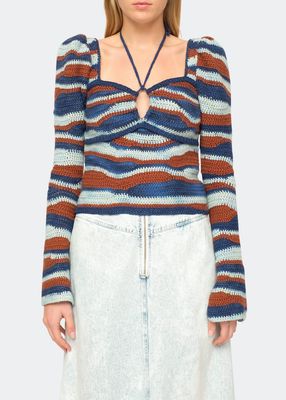 Wavey Crochet Puffed-Sleeve Halter Neck Sweater