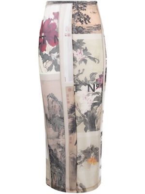 Act N°1 tulle floral-print pencil skirt - Neutrals