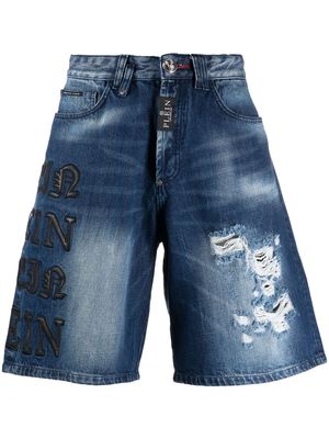 Philipp Plein lettering-patch distressed shorts - Blue