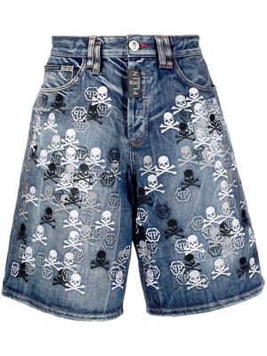 Philipp Plein skull-embroidery denim shorts - Blue
