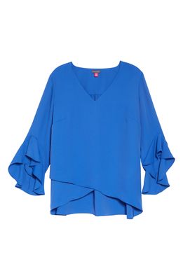 Vince Camuto Flutter Sleeve Crossover Georgette Tunic Top in Deep Blue