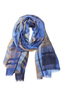 LORO PIANA Summer Royal College Large Plaid Scarf in Blue Denim/Pacific/Golden