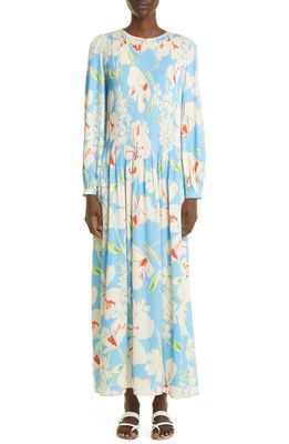 LORO PIANA Ailea Floral Print Long Sleeve Stretch Silk Dress in Tota Fancy Ocean