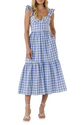 English Factory Gingham Tiered Sleeveless Cotton Midi Dress in Blue/White