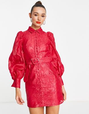 ASOS DESIGN belted button through mini shirt dress in floral burnout in pink
