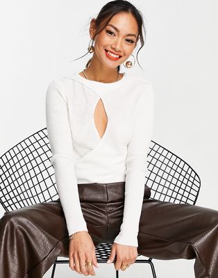 Trendyol long sleeve wrap front knitted top in white